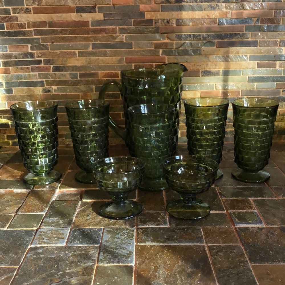 Whitehall vintage cubist pitcher , tall drinking glasses and desert cups.